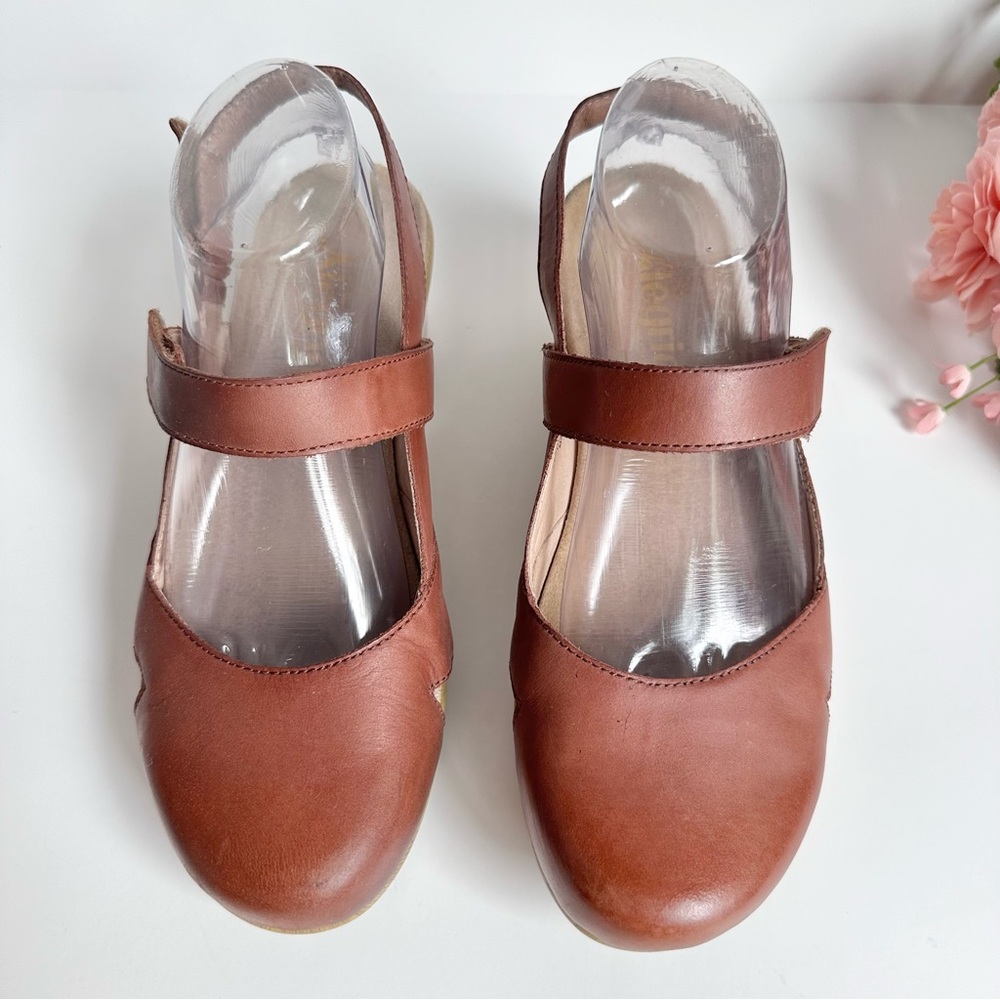 Alegria Tarah Cognac Leather Ankle Strap Wedge Shoes - Picture 4 of 16